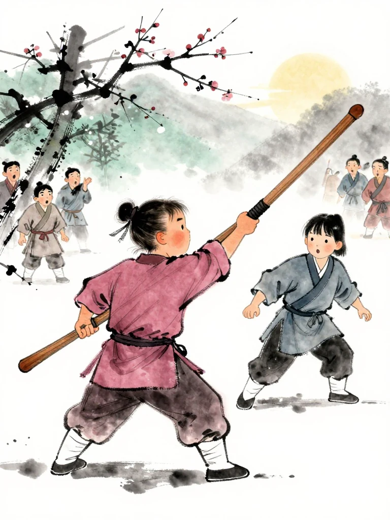 곽준 drives a wooden practice sword hard toward the shoulder while 진소운 retreats along the white boundary with a returning foot preserved. The worn wooden sword catches only the edge of the attack, spreading pain through one arm. Snow dust and startled spectators surround the openly frightened but steady stance. Setting: 매화비무대. Visible objects: 낡은 목검.