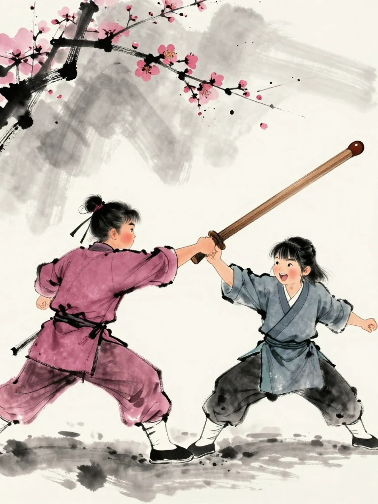 곽준 lunges again and pitches weight forward as 진소운 drops the worn wooden practice sword beneath the attack. The lower wooden tip supports the opponent's weapon rather than striking the wrist, and the smaller fighter's returning foot turns inward while laughter around the cold stage falls silent. Setting: 매화비무대. Visible objects: 낡은 목검.