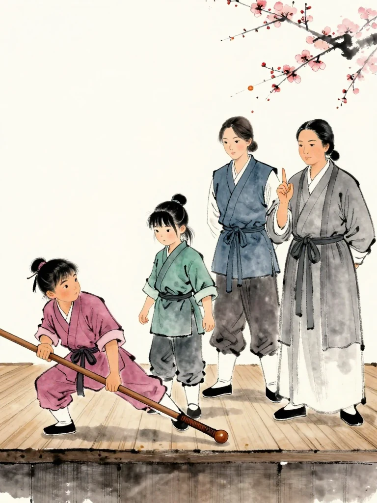 곽준 loses balance and falls across the wooden stage as 진소운 shifts only half a step aside, worn wooden practice sword held low near the open knee line. 유설화 lowers a decisive hand, while 서미진 raises one finger from below the boundary to confirm strength remains in reserve. Setting: 매화비무대. Visible objects: 낡은 목검.