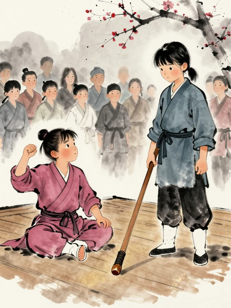 곽준 strikes the intact wooden stage once with a fist while remaining seated after the fall. 진소운 stands nearby with the worn wooden practice sword lowered and extends an open hand. The white boundary, cold planks, and quiet spectators hold the sincere admission of fear between former tormentor and victor. Setting: 매화비무대. Visible objects: 낡은 목검.