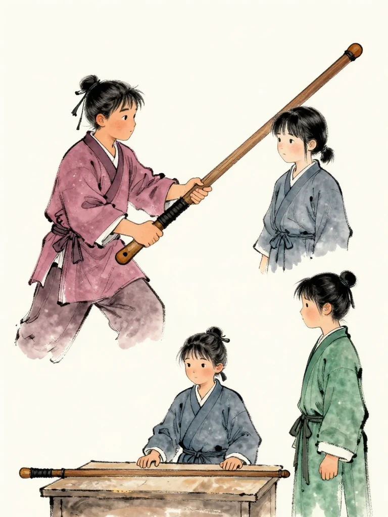 곽준 pulls a small wooden storage token from inside the robe and offers it to 진소운 beside the worn wooden practice sword. Its burned storage mark matches the dark mark at the weapon's base. 한도원 waits below the stage with both hands ready as the returned object crosses the old rivalry. Setting: 매화비무대. Visible objects: 낡은 목검.