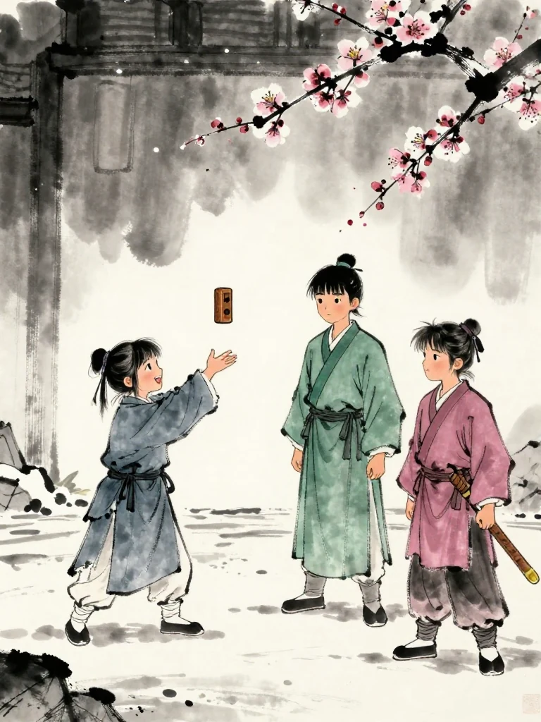 진소운 tosses the small wooden storage token down from the stage while 한도원 catches it against a blank folio and breaks into a restrained smile. 곽준 stands nearby with lowered eyes and finally meets the smaller fighter at equal height. Snow traces the stage edge around their changed distance. Setting: 매화비무대.