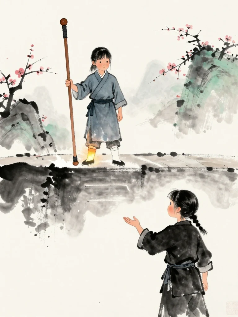 진소운 stands at the stage edge holding the worn wooden practice sword and the returned storage token, heated ankle turned carefully inward. 마연 approaches from below and offers one brief congratulatory hand before looking toward the next bracket. Snow, white boundary dust, and slow breath temper the victory. Setting: 매화비무대. Visible objects: 낡은 목검.