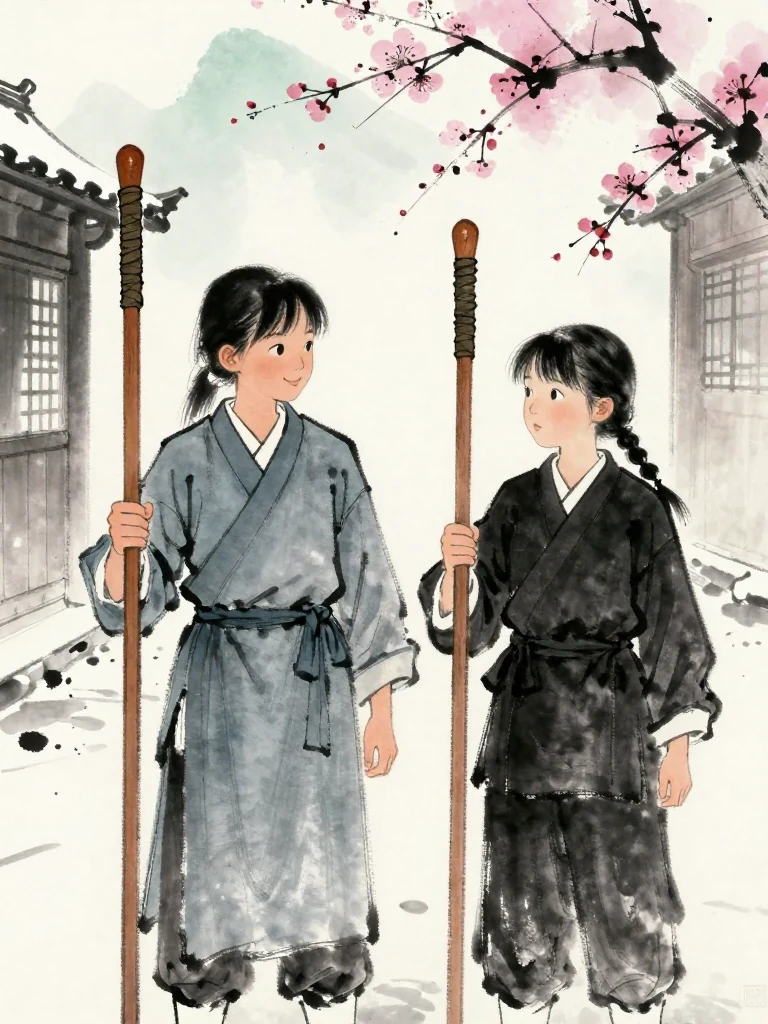 진소운 calls after 마연 with the worn wooden practice sword resting against one shoulder. The departing rival looks back only slightly, one hand already settled on another wooden sword. Their shared half-smiles and the snowy stage corridor turn the promised stronger rematch into mutual respect. Setting: 매화비무대. Visible objects: 낡은 목검.