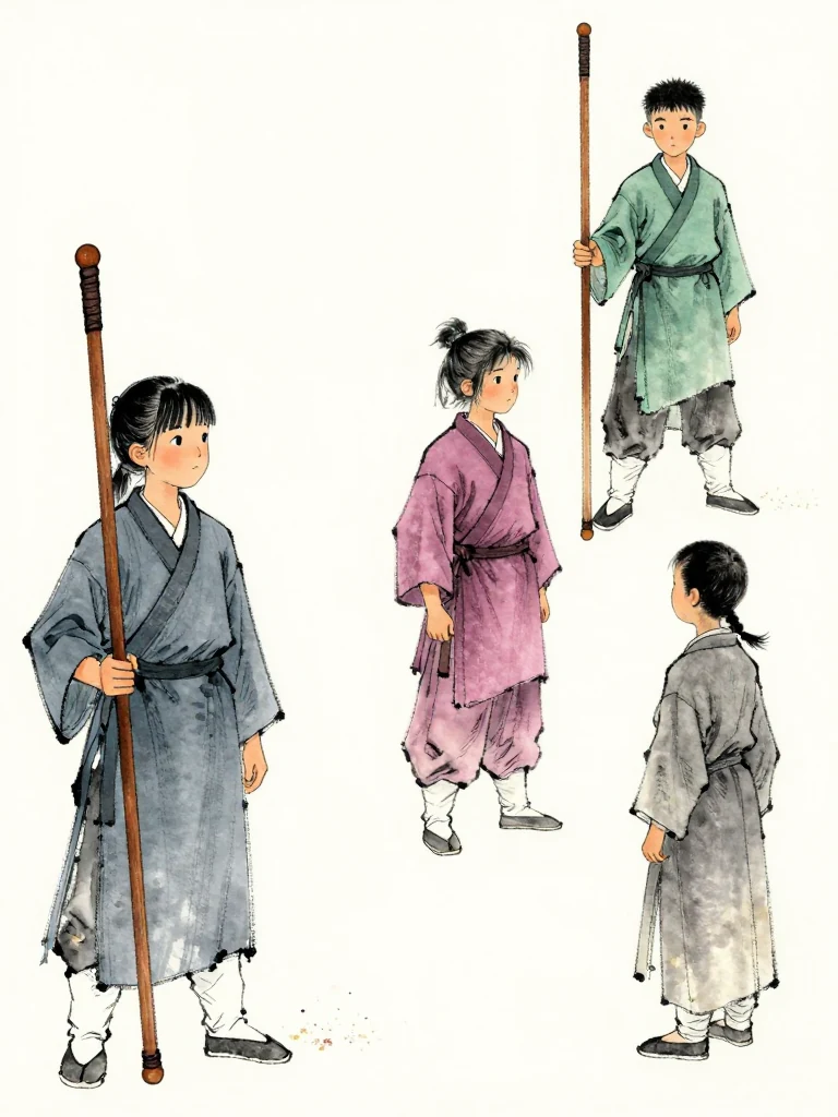 진소운 studies the far side of the tournament bracket while holding the worn wooden practice sword and returned storage token. 곽준 turns away nearby with one empty hand at the waist. 임도혁 waits across the stage corridor in a broad stance beside a long wooden practice sword, anchoring the approaching final. Setting: 매화비무대. Visible objects: 낡은 목검.