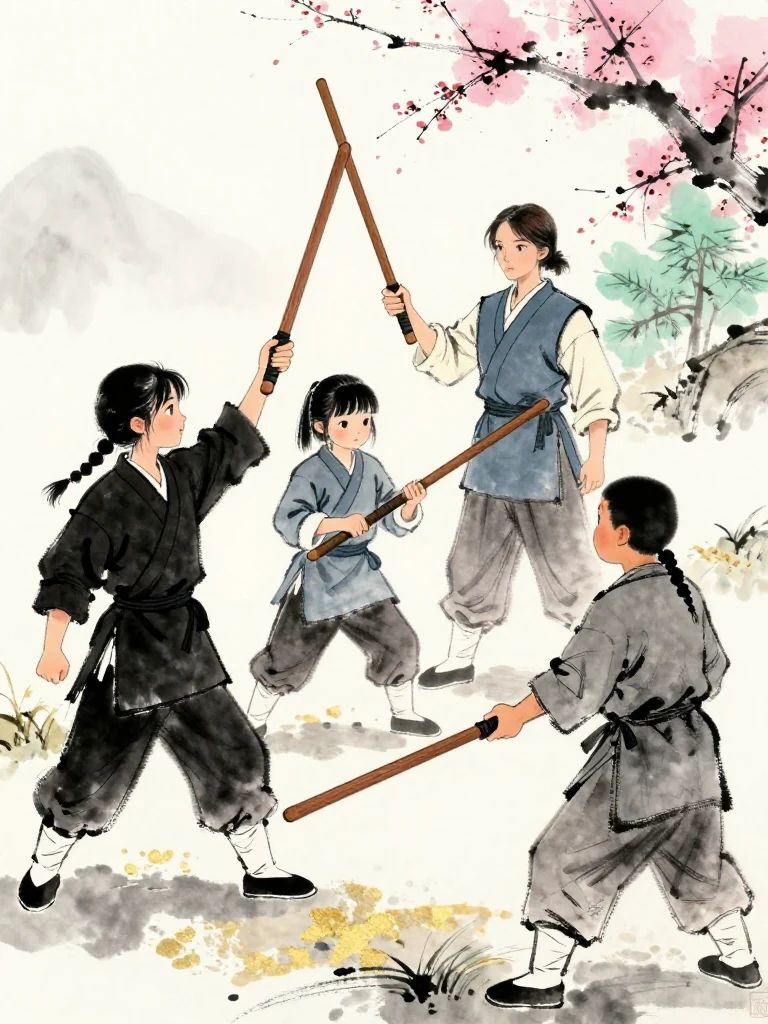 마연 returns a folded blank folio to 진소운 and raises a wooden practice sword with uncompromising focus. The smaller fighter grips the worn wooden sword across from the rival as 유설화 moves to center stage. 임도혁 waits below with a long wooden sword after the earlier disarm victory. Setting: 매화비무대. Visible objects: 낡은 목검.