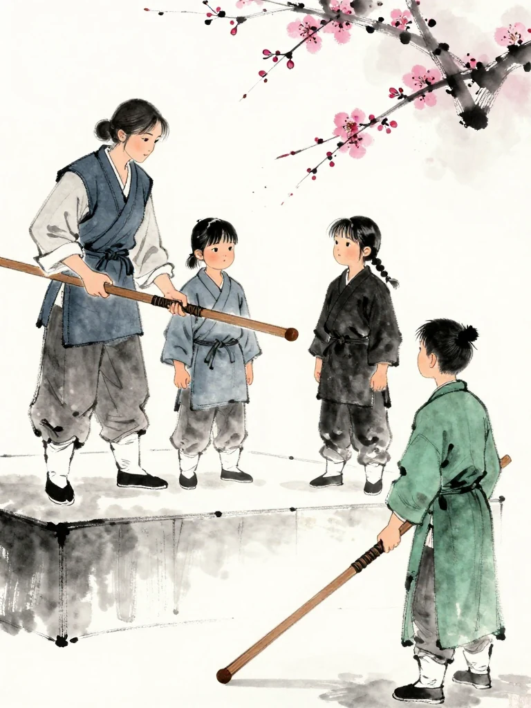 유설화 lowers a hand to start the semifinal while 진소운 and 마연 face each other with wooden practice swords over the white boundary. 한도원 opens a blank folio below the stage and steadies a brush. Winter light catches the tense pause before either fighter commits. Setting: 매화비무대. Visible objects: 낡은 목검.