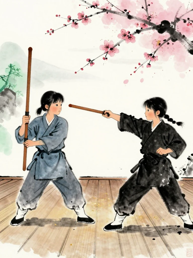 진소운 moves a cautious half step across the wooden stage with the worn wooden practice sword raised. 마연 waits one deliberate beat, then attacks the opening with a clean wooden thrust aimed through the breathing rhythm. The first impact travels into the smaller fighter's arm beside the white boundary. Setting: 매화비무대. Visible objects: 낡은 목검.