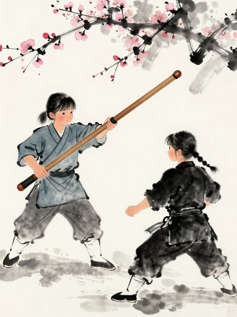 진소운 hears the opponent's breath change and delays the worn wooden practice sword by half a beat. 마연 drives a fast wooden thrust through the expected space and finds it empty. Their feet cross fresh white dust as the smaller fighter turns a former weakness into precise timing. Setting: 매화비무대. Visible objects: 낡은 목검.