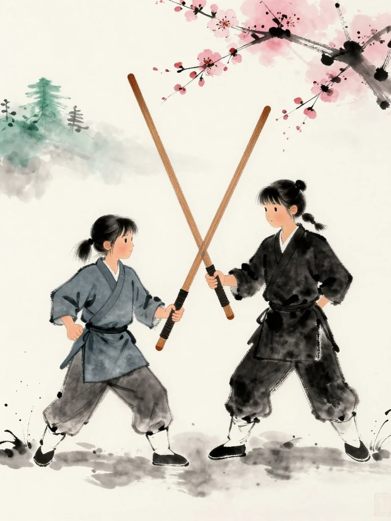 진소운 meets 마연 in a sharp crossing of wooden practice swords near center stage. The smaller fighter feels full force gathering, then relaxes the shoulders and preserves breath instead. Winter light catches wood grain and drifting boundary dust while the rival's bright focus remains entirely present. Setting: 매화비무대. Visible objects: 낡은 목검.