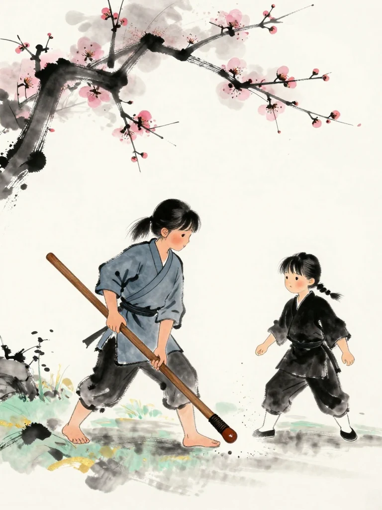 진소운 retreats with a returning foot saved and lowers the worn wooden practice sword later than before. 마연 advances first and steps into a small burst of white boundary dust. The smaller fighter studies that scattered powder beneath both feet, finding a new path through contact and release. Setting: 매화비무대. Visible objects: 낡은 목검.