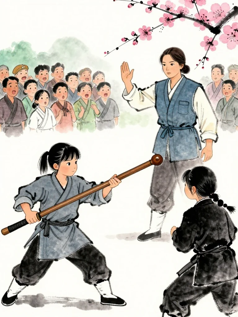 진소운 guides the opposing wooden practice sword sideways, releases its force, and stops the worn wooden tip before the rival's ribs. 유설화 raises one hand to award the semifinal. 마연 remains balanced within the white boundary across from the smaller fighter as the crowd reacts a beat late. Setting: 매화비무대. Visible objects: 낡은 목검.