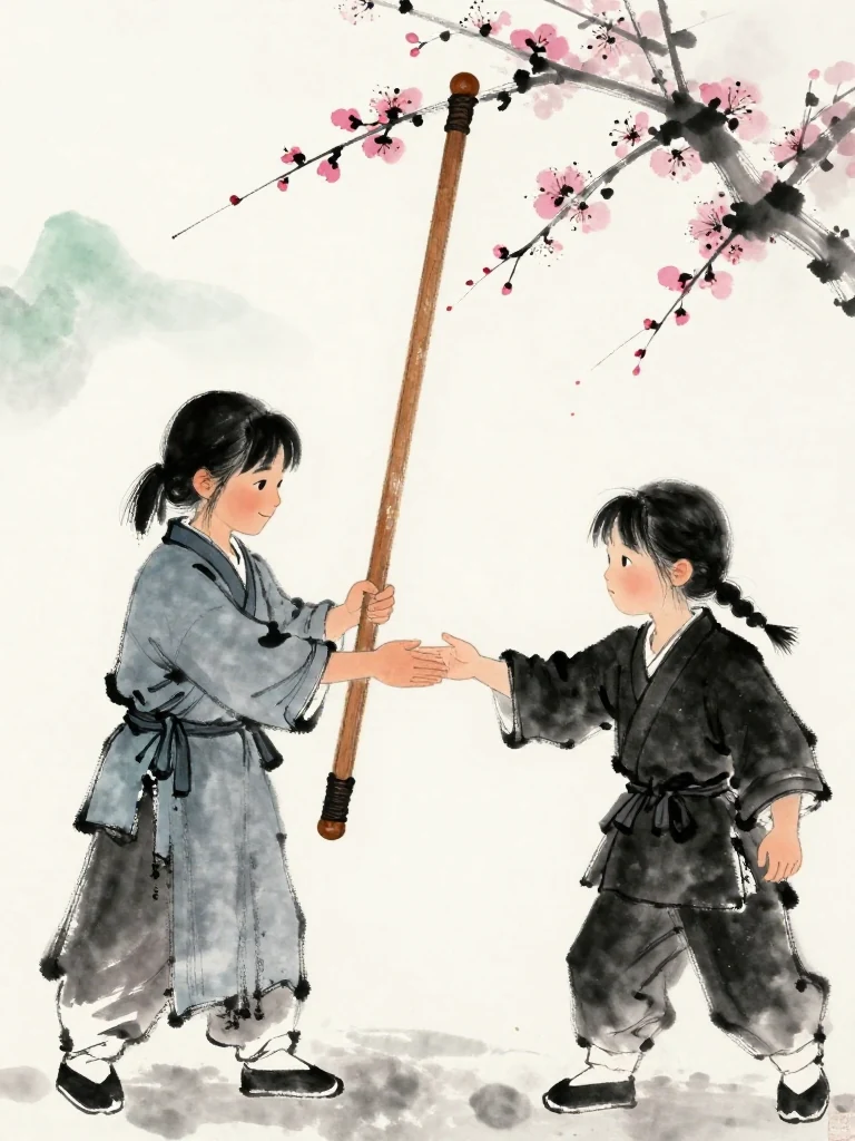 진소운 lowers the worn wooden practice sword and accepts 마연's outstretched hand at center stage. Their hardened palms close in equal respect as the defeated rival smiles slowly and directs the smaller fighter toward the final. White boundary dust and winter light soften the hard exchange. Setting: 매화비무대. Visible objects: 낡은 목검.