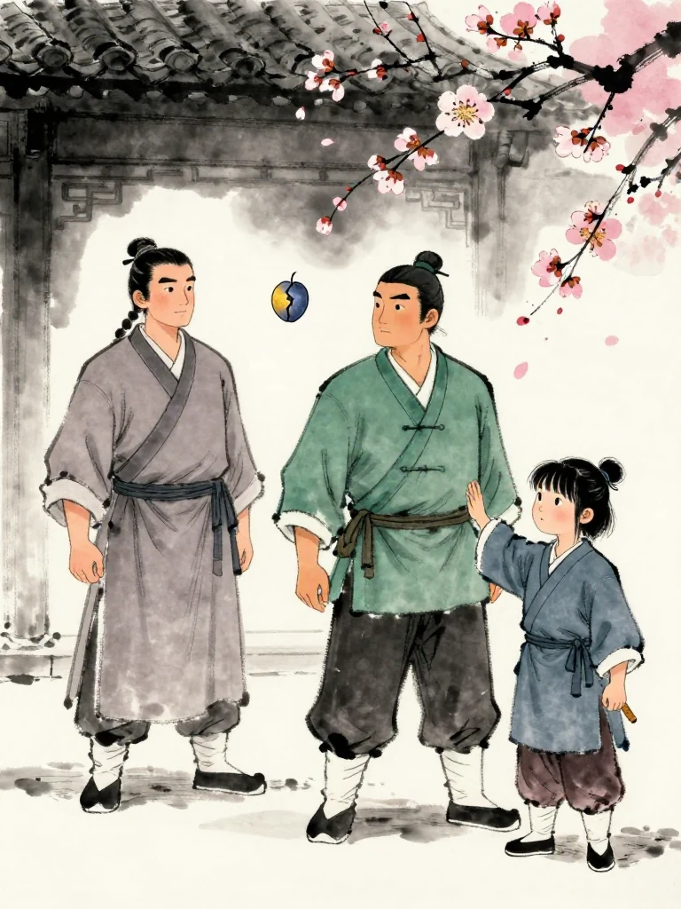 천결 emerges beneath the wall shadow outside the stage and raises a thin split plum token with a differently angled crack. 백무한 steps forward for the first time, placing the body between that object and 진소운. The smaller fighter presses one hand against the robe as recognition chills the posture. Setting: 매화비무대.