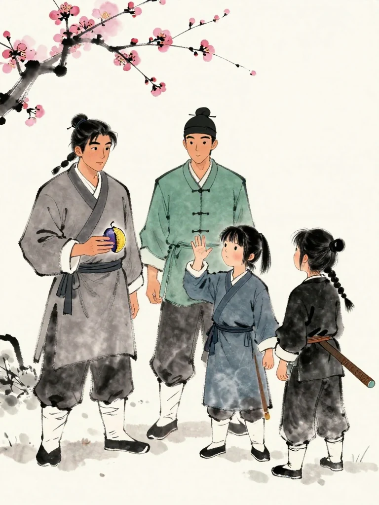 천결 holds the separate split plum token in winter light while 백무한's raised hand trembles. 진소운 keeps one palm over the concealed half-charred tally beneath the robe and stares at the different crack. 마연 steps beside the smaller fighter and points back toward the unfinished final boundary. Setting: 매화비무대.