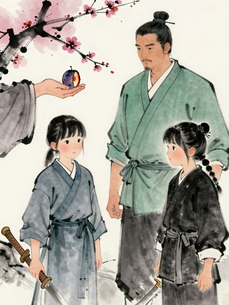 진소운 cups the half-charred plum tally beneath the robe, its burned edge visible under the same protective hand. 백무한 admits hidden truth through a lowered gaze, while 마연 remains beside the smaller fighter with a warm steady hand. The cold stage holds both trust and fracture together. Setting: 매화비무대. Visible objects: 반쪽 매화패.