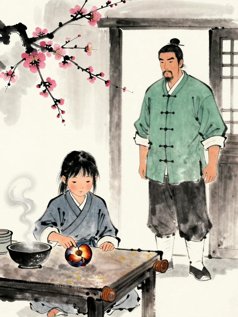 진소운 sits in the infirmary amid bitter herbal steam and places a half-charred plum tally on the low table, one fingertip following its cracked surface. 백무한 pauses in the doorway and enters only after the smaller figure turns a steady gaze forward. A cooled medicine bowl anchors the final eve. Visible objects: 반쪽 매화패.