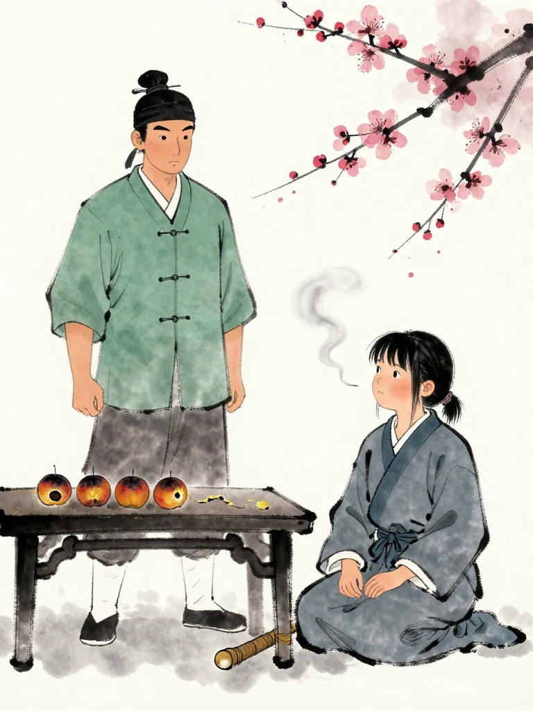 백무한 stands across the low infirmary table with one hand curling inward during a long silence. 진소운 sits beside the half-charred plum tally and holds a broken breath beneath an unwavering stare. Bitter herbal steam thins between them as recognition turns the elder's hesitation into visible admission. Visible objects: 반쪽 매화패.