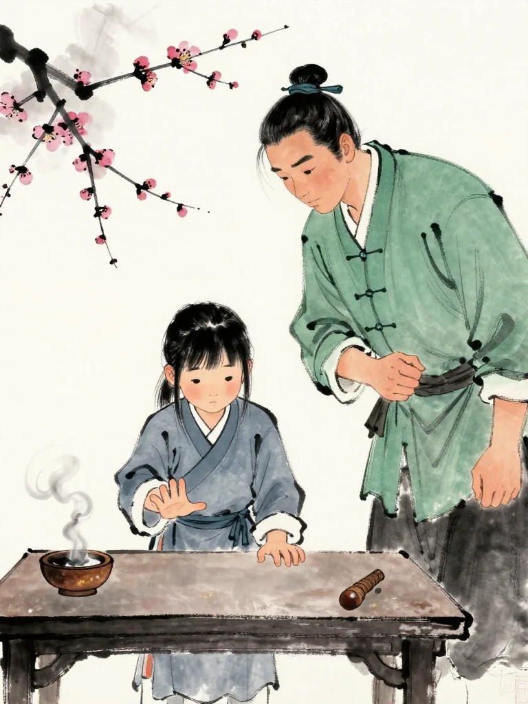 진소운 sets the half-charred plum tally firmly at the center of the low table and leans forward with an open demanding palm. 백무한 lowers the head, one hand still curled near the robe. The small wooden impact, cold medicine bowl, and bitter steam sharpen the request for the hidden family truth. Visible objects: 반쪽 매화패.