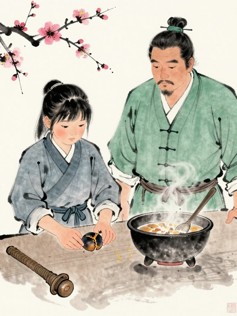 진소운 withdraws a trembling hand from the half-charred plum tally and steadies it flat against the table. 백무한 absorbs the rebuke with lowered shoulders and an unguarded face. The cracked wooden token remains between them beside the cooled medicine bowl as the smaller figure claims the coming choice. Visible objects: 반쪽 매화패.