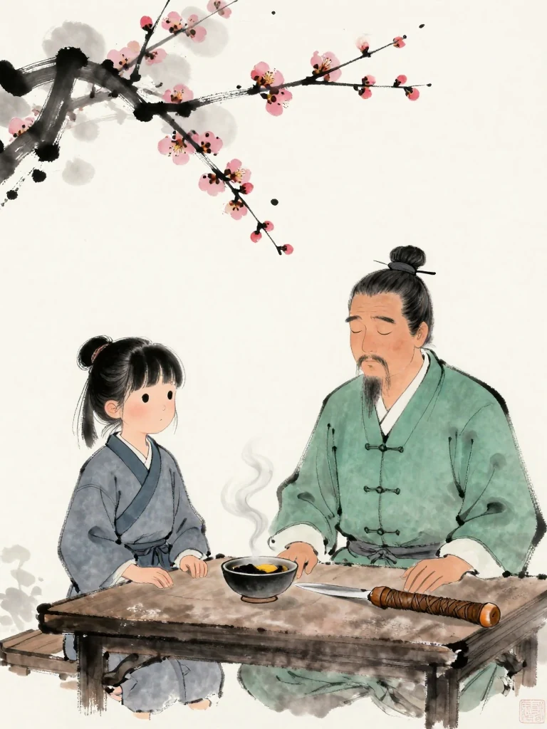 진소운 holds still beside the half-charred plum tally as 백무한's face collapses under the first direct truth. The elder closes both eyes, then meets the smaller figure again across the low table. Bitter herbal steam, cracked wood, and a cold medicine bowl carry grief into the quiet clinic. Visible objects: 반쪽 매화패.