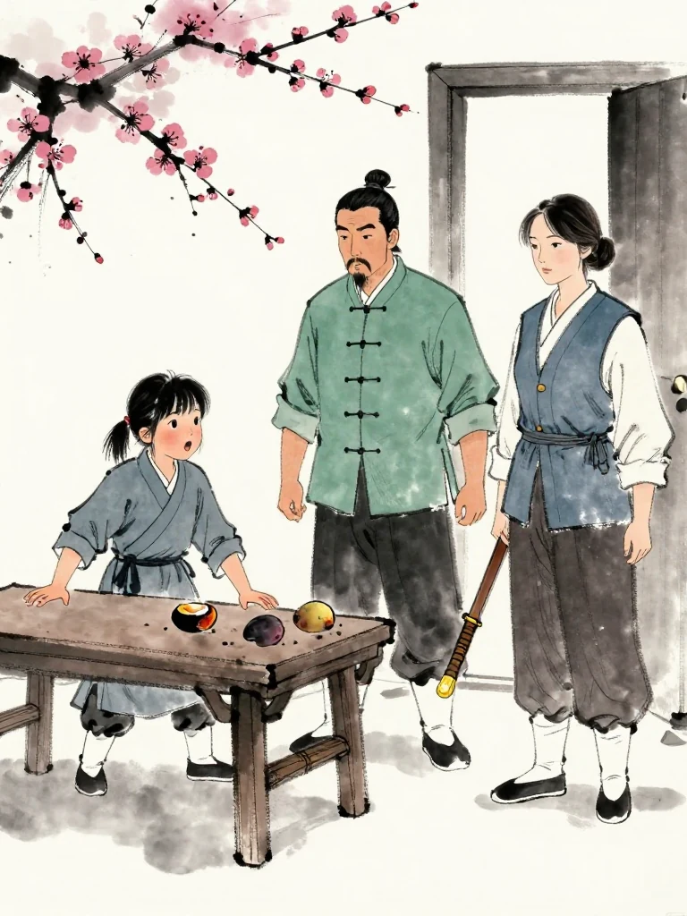 진소운 rises abruptly beside the low table, legs trembling as one palm stays near the half-charred plum tally. 백무한 begins an answer and stops with the mouth half open. 유설화 enters through the infirmary door in rigid calm, bringing the tournament boundary into the intimate confrontation. Visible objects: 반쪽 매화패.