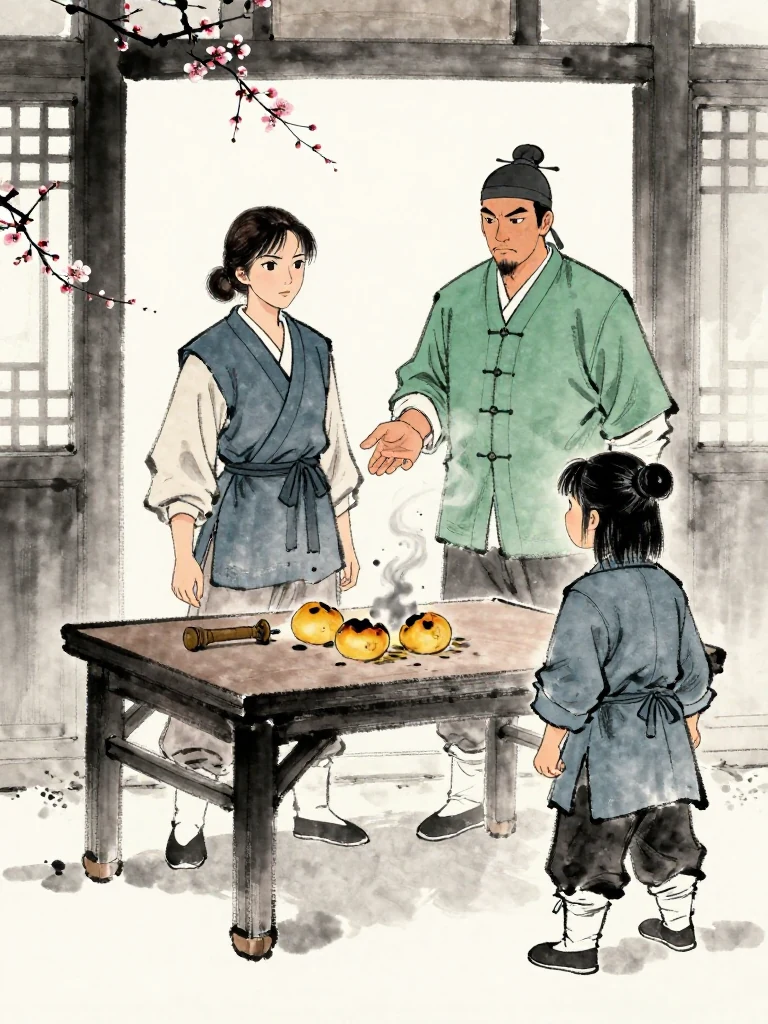 유설화 stands between the doorway and the low table, directing a severe gaze first toward 백무한 and then toward 진소운. The smaller fighter steadies a trembling stance beside the half-charred plum tally. Bitter steam and the formal instructor's open palm separate the final right from the unresolved betrayal. Visible objects: 반쪽 매화패.