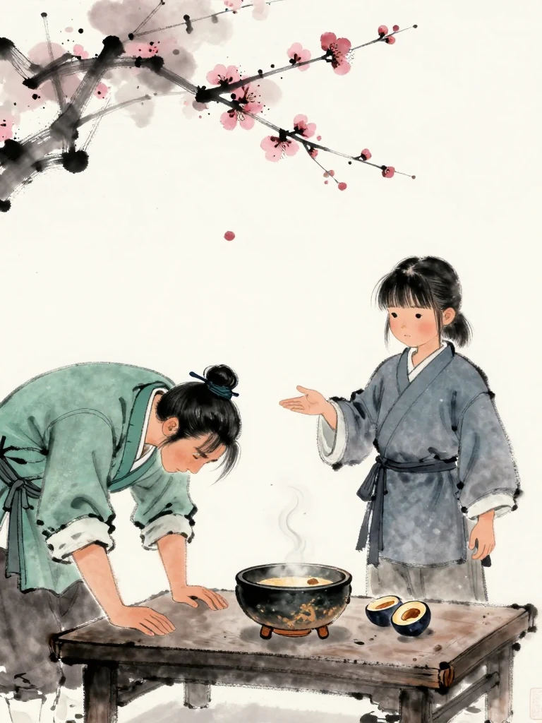 백무한 bows deeply across the low table, hands open and face stripped of defense. 진소운 keeps one palm beside the half-charred plum tally and gestures toward the specific harm still awaiting an honest account. The cooled medicine bowl and thinning steam hold a difficult promise rather than easy absolution. Visible objects: 반쪽 매화패.