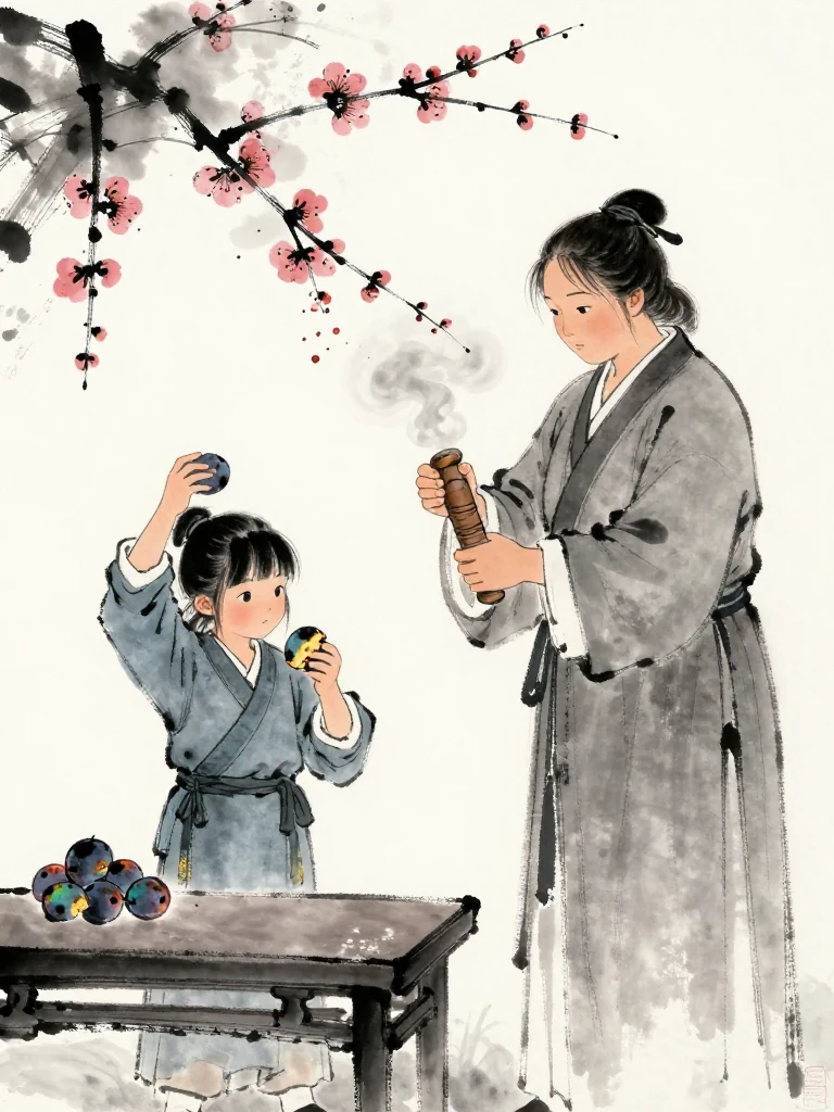 진소운 lifts the half-charred plum tally from the low table and tucks it inside the robe, its burned edge visible for a final instant. 서미진 enters, takes the smaller fighter's wrist, and tests the shortened breath. Bitter herbal steam gathers around their focused preparation for the final. Visible objects: 반쪽 매화패.