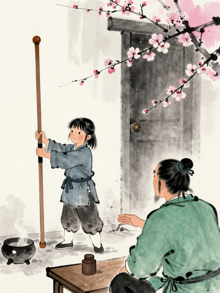 진소운 reaches for the worn wooden practice sword beside the infirmary wall and settles both hands around its patched grip. 백무한 observes from across the low table, then extends one tentative hand toward the door. The cooled medicine bowl and steady wooden weight turn uncertainty toward the final path. Visible objects: 낡은 목검.