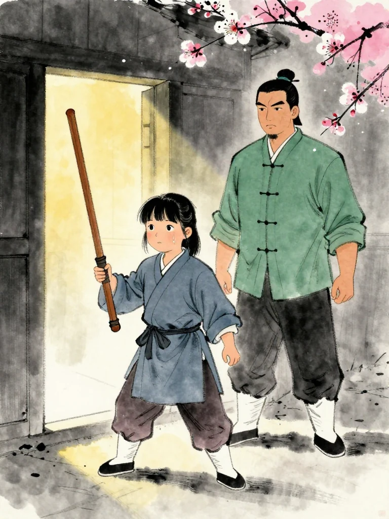 진소운 steps into the cold night outside the infirmary and raises the worn wooden practice sword in front, claiming the lead position. 백무한 remains one pace behind with wet eyes and a careful open stance. Warm clinic light spills across the threshold as their unequal trust begins moving together. Visible objects: 낡은 목검.