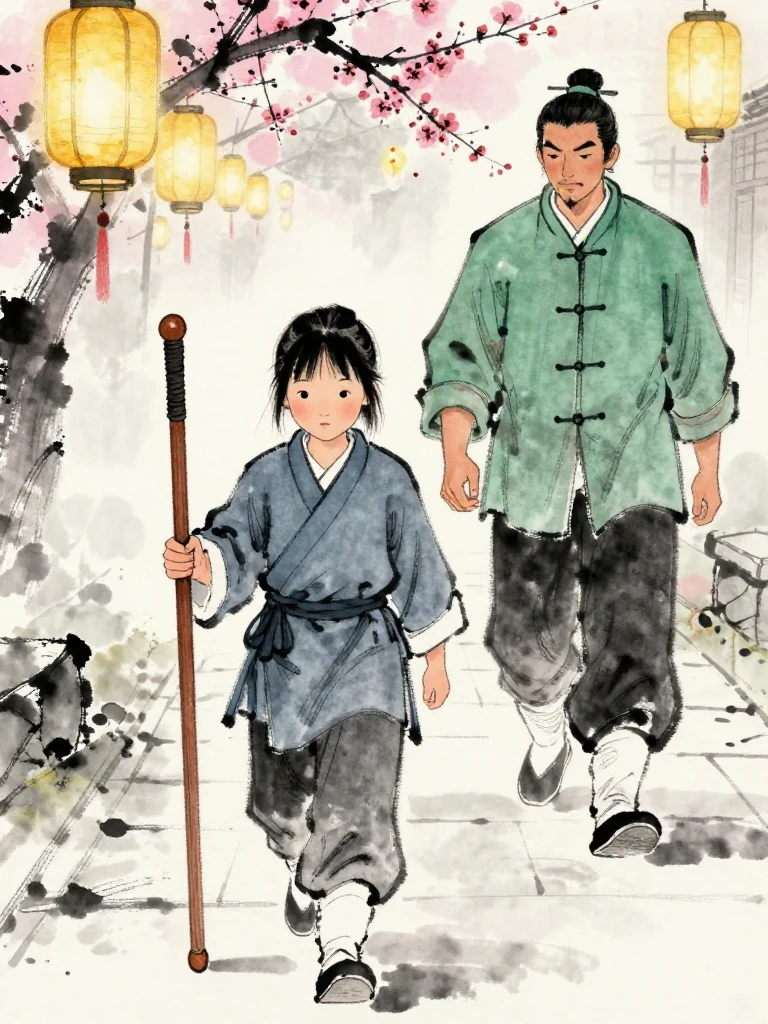 진소운 walks toward the final with the worn wooden practice sword held securely in both hands, short breath returning through an uneven three-beat rhythm. 백무한 follows several paces behind along the cold stone path, keeping the promised position. Infirmary light recedes while brighter tournament lanterns strengthen ahead. Visible objects: 낡은 목검.