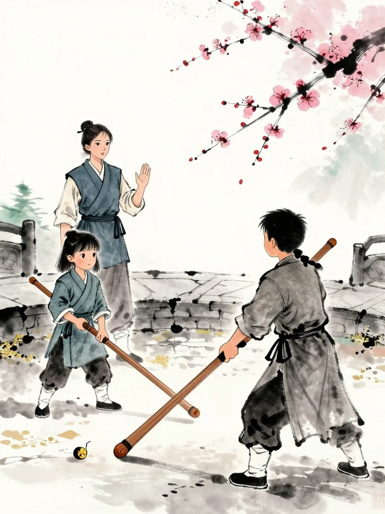 유설화 stands at the white center boundary with one hand raised as 진소운 faces 임도혁 across the stone stage. A half-charred plum tally lies near the smaller fighter's foot, yet both hands remain on the worn wooden practice sword while the taller opponent drives forward with a long wooden sword. Setting: 매화비무대. Visible objects: 반쪽 매화패 and 낡은 목검.