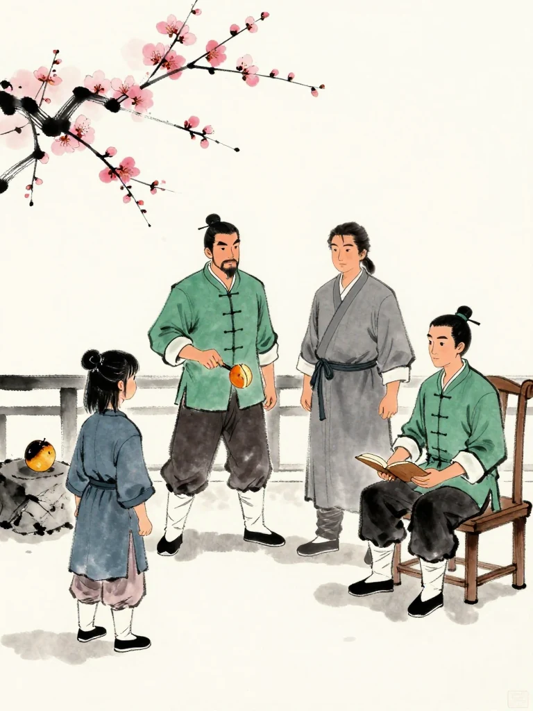 진소운 keeps facing the duel while the half-charred plum tally rests on stone behind one foot. 백무한 begins a step from the railing and stops at the smaller fighter's backward gesture. 천결 raises a separate split plum token from shadow, while 권태상 holds the final open from the judge's seat. Setting: 매화비무대. Visible objects: 반쪽 매화패.
