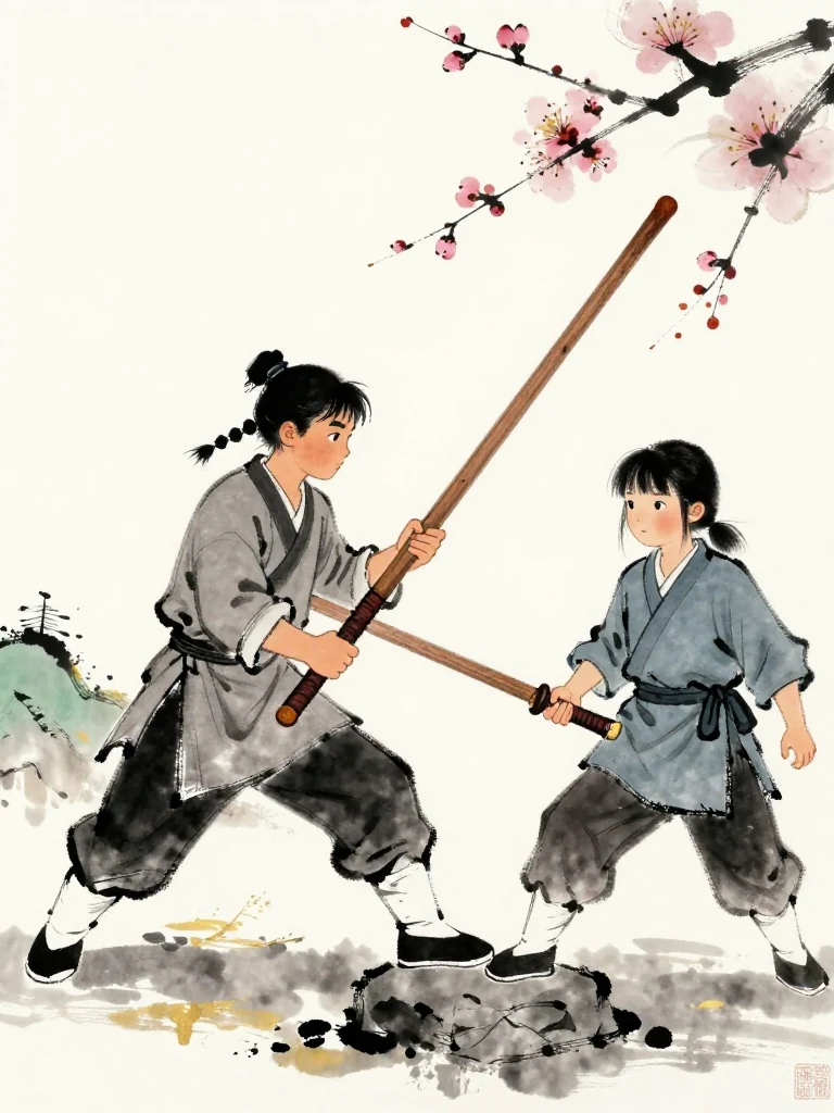 임도혁 advances in a broad stance and presses a long wooden practice sword against 진소운's worn wooden weapon. The patched old hilt bites into the smaller fighter's palm as one returning foot survives the pressure. A half-charred plum tally and a black plum-shaped scrap touch on the stone nearby. Setting: 매화비무대. Visible objects: 낡은 목검 and 반쪽 매화패.
