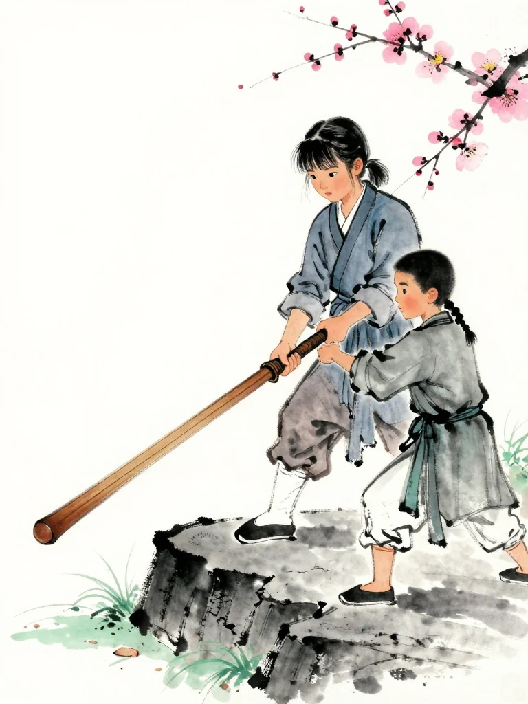 진소운 gathers breath into one decisive burst, retreats, and wraps the returning foot across the stone stage while lowering the worn wooden practice sword. 임도혁 drives the longer wooden weapon into the opening. The half-charred plum tally remains near the white boundary as the low wooden tip traces a short arc. Setting: 매화비무대. Visible objects: 낡은 목검 and 반쪽 매화패.