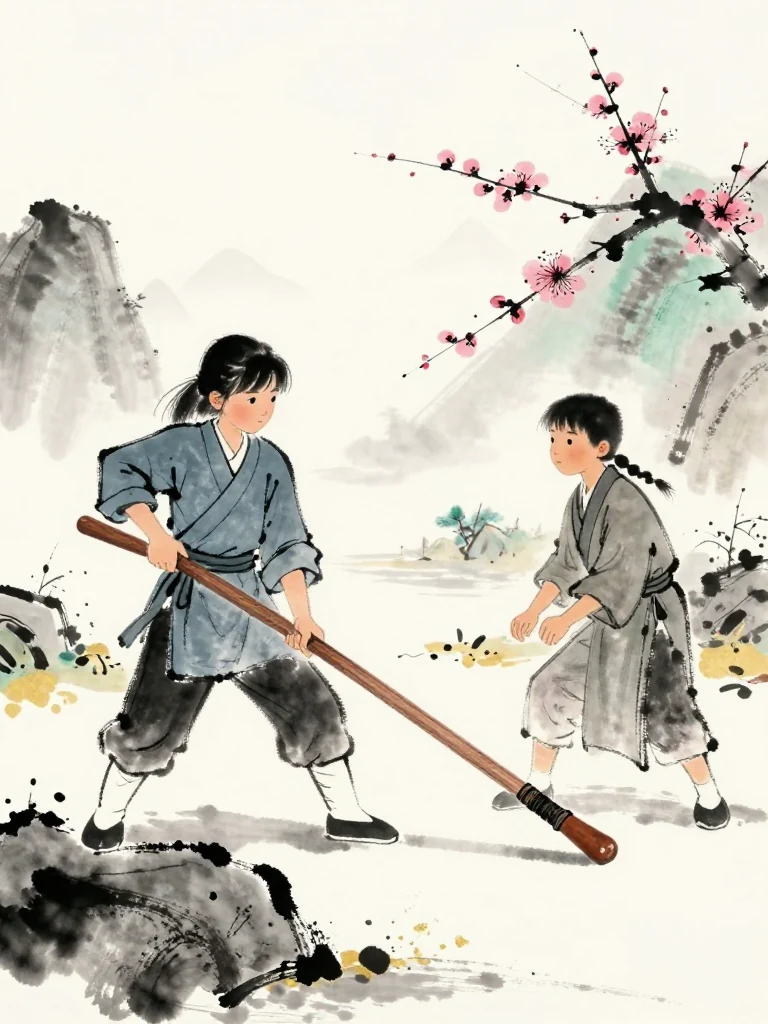 진소운 supports 임도혁's long wooden practice sword just beyond its grip with the worn wooden weapon, then twists and releases the heavier force. A crack opens along the old wood as the long sword slides over the white boundary. The half-charred plum tally remains on stone beside the decisive disarm. Setting: 매화비무대. Visible objects: 낡은 목검 and 반쪽 매화패.