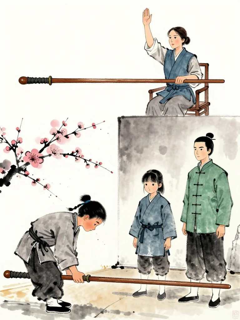 유설화 raises a decisive hand toward the long wooden practice sword lying beyond the white boundary. 임도혁 bows from inside the stage while 진소운 exhales over the cracked worn wooden sword. 권태상 rises from the high judge's seat as silence breaks around the completed disarm. Setting: 매화비무대. Visible objects: 낡은 목검.