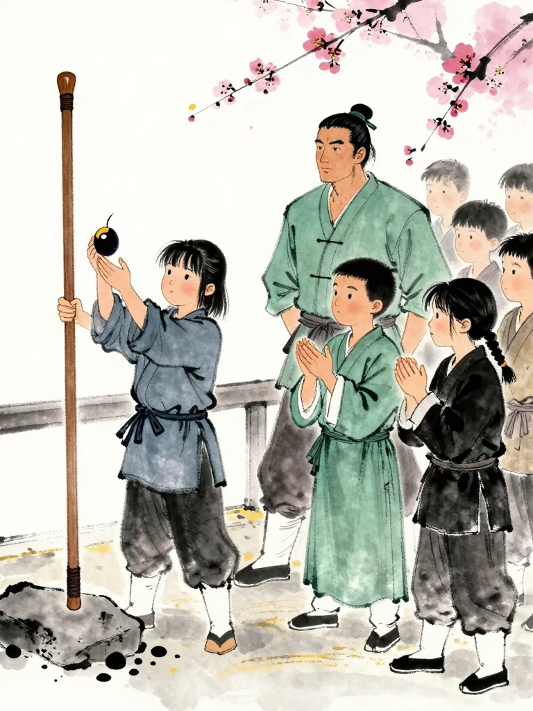 진소운 lifts the half-charred plum tally and black plum-shaped scrap from the stone beside the cracked worn wooden practice sword. 백무한 waits at the railing for the smaller fighter's glance. 한도원 claps openly while 마연 joins with both hands, and the delayed crowd finally moves. Setting: 매화비무대. Visible objects: 반쪽 매화패 and 낡은 목검.