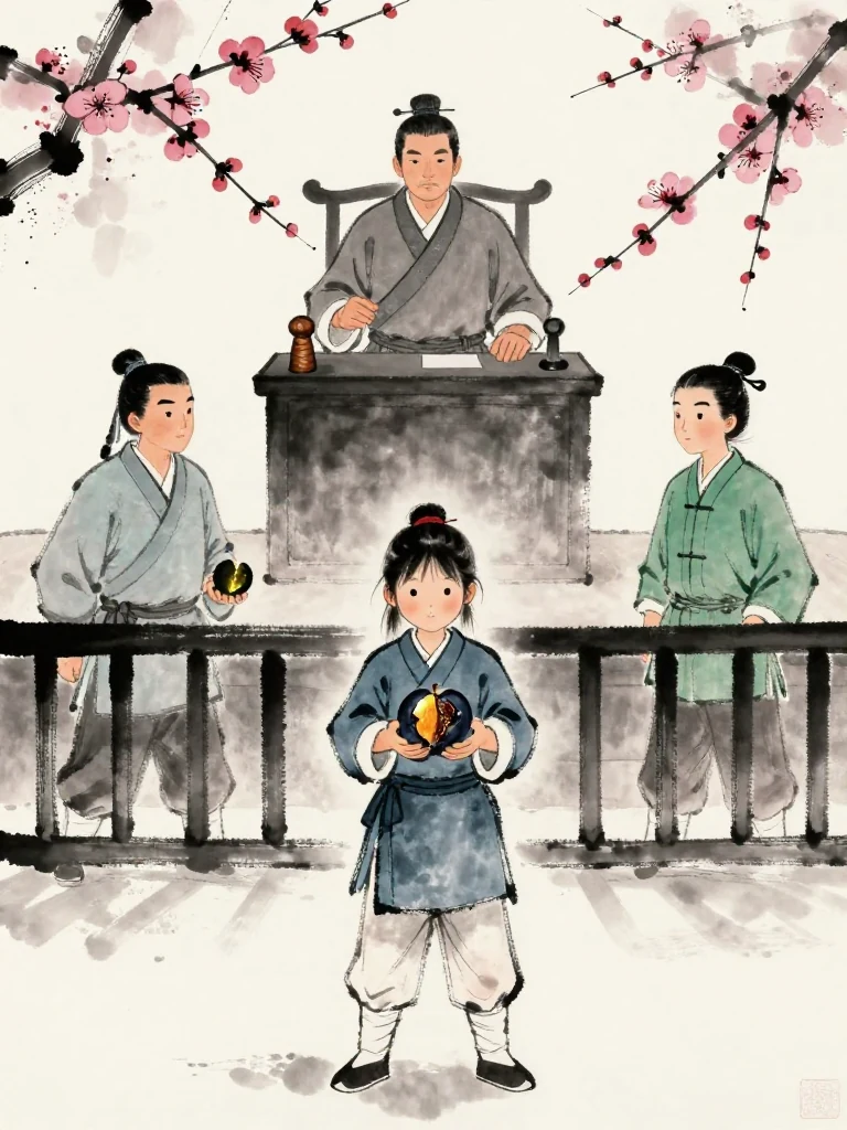 진소운 stands at center stage with the half-charred plum tally held securely while 천결 recedes behind the railing shadow with a separate split token. 권태상 rises above them at the judge's seat and extends formal recognition toward the smaller fighter. Winter light restores the stage as the dominant space. Setting: 매화비무대. Visible objects: 반쪽 매화패.