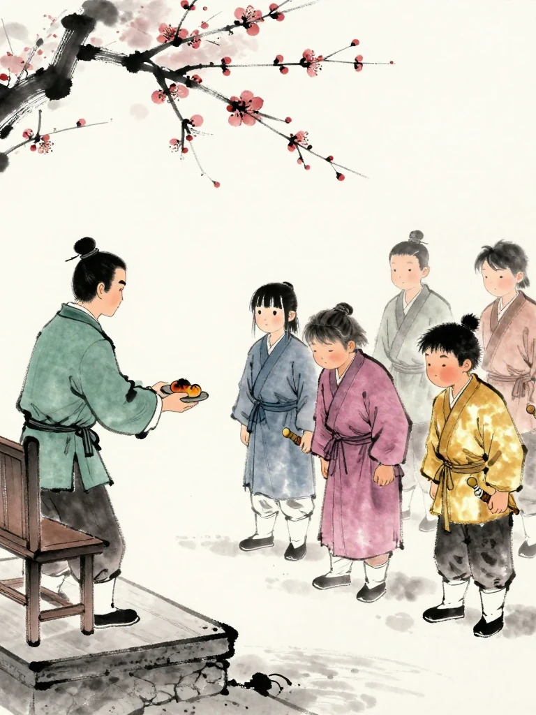 권태상 extends one hand from the judge's seat toward 진소운, who stands on the stone stage holding the half-charred plum tally at the side. 곽준 steps forward among the disciples with an accepting bow, while 남궁린 lowers the head as an outside witness. Plain winter light replaces ceremonial spectacle. Setting: 매화비무대. Visible objects: 반쪽 매화패.