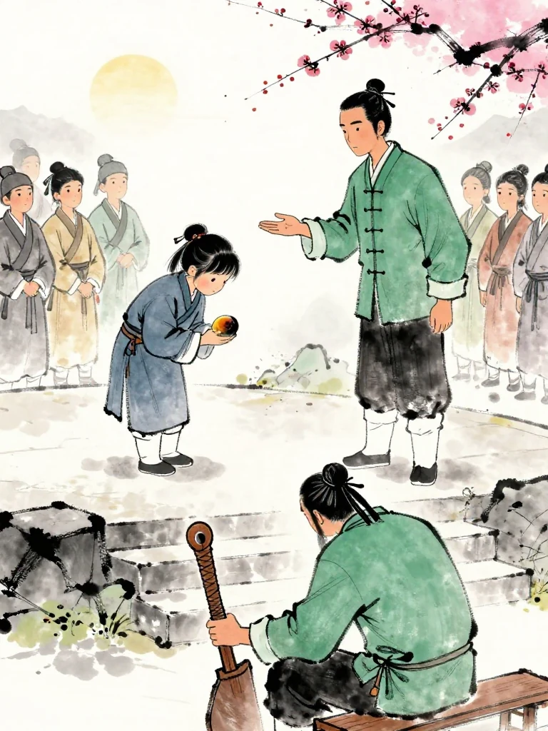 진소운 bows from the stage with the half-charred plum tally held against the robe after 권태상 confirms the victory through an open palm. 백무한 answers a separate summons from below the judge's seat with a lowered head. The stone boundary and gathered disciples keep earned recognition distinct from the unresolved family mystery. Setting: 매화비무대. Visible objects: 반쪽 매화패.