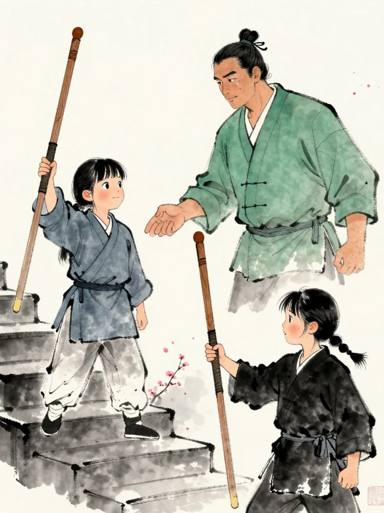 진소운 raises the cracked worn wooden practice sword toward 백무한 and offers a cautious gesture toward the inner stairs. 마연 calls from below the stage with another wooden sword lifted for a future rematch. The smaller fighter's open smile survives exhaustion while the elder's wet eyes remain humbly lowered. Setting: 매화비무대. Visible objects: 낡은 목검.
