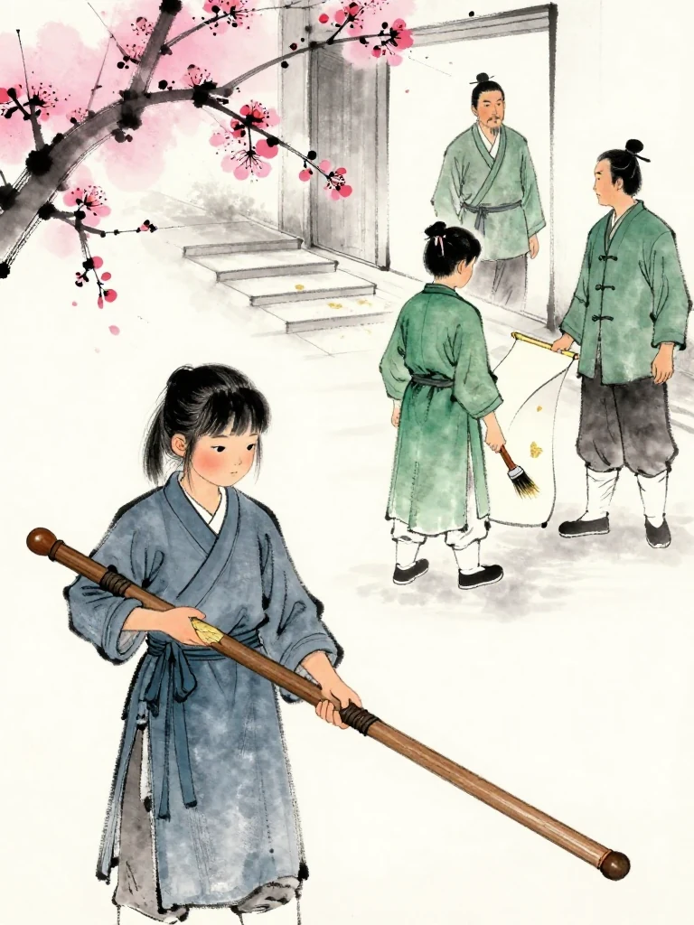 진소운 tucks a dry natural plum leaf into the cracked grip of the worn wooden practice sword and secures the half-charred plum tally inside the robe. 한도원 moves a brush over a blank folio, 백무한 waits near the inner stairs, and 권태상 remains above as the self-chosen path opens inward. Setting: 매화비무대. Visible objects: 반쪽 매화패 and 낡은 목검.