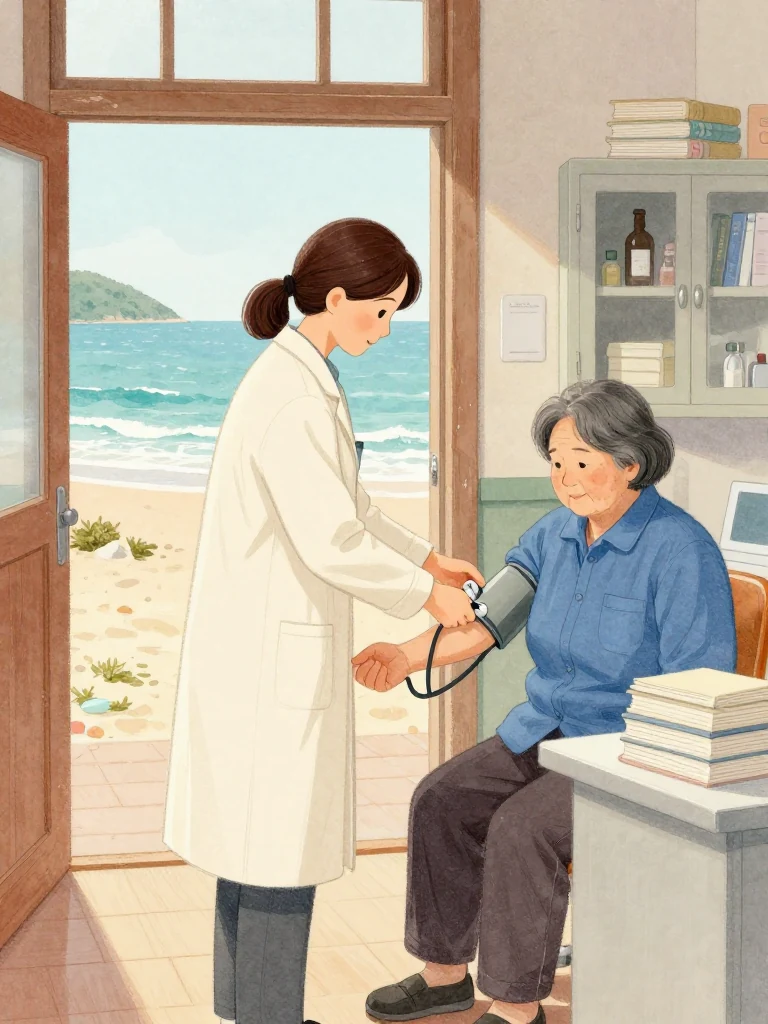 정다원 fastens a blood pressure cuff around 고순단's arm at the clinic desk, one hand also testing the wrist pulse. A thick stack of plain thread-bound volumes rests unopened beside the medicine cabinet. Cool island morning light enters with the open door, catching worn wood, metal instruments, dried sea greens, and the visitor's guarded knee. Setting: 무레도 보건진료소. Visible objects: 섬 처방 노트.
