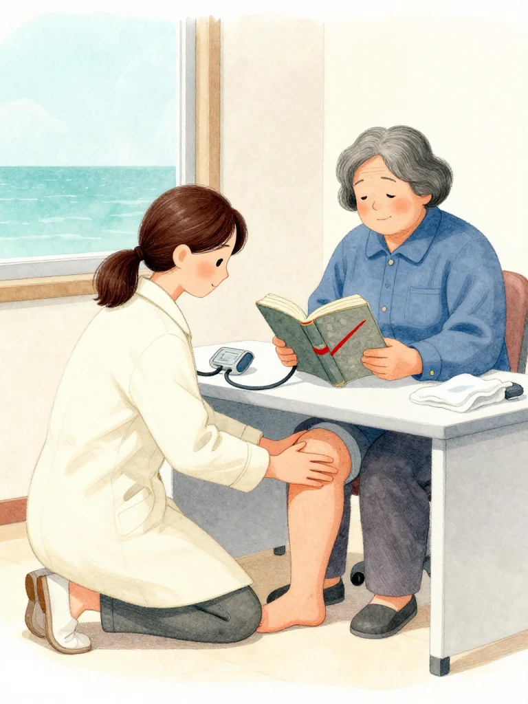 정다원 kneels beside 고순단 and compares the swollen knee with an open thread-bound volume pulled across the clinic desk. One hand presses gently around the joint while the other holds a spread of dense gray texture crossed by a single red stroke. Morning light catches the worn cover, blood pressure cuff, warming cloth, and the visitor's closed expression. Setting: 무레도 보건진료소. Visible objects: 섬 처방 노트.