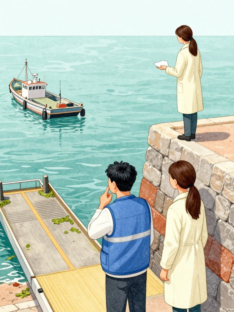 고바다 braces beside the lowered ferry ramp and points with the chin toward a floating pier stranded far below by the ebb. 정다원 stands at the steep upper edge with a small plain pad held against one palm, studying the narrow waterway beyond. Hard summer light reveals exposed pilings, wet weed, shallow water, and a waiting low-draft fishing boat. Setting: 무레항 선착장.