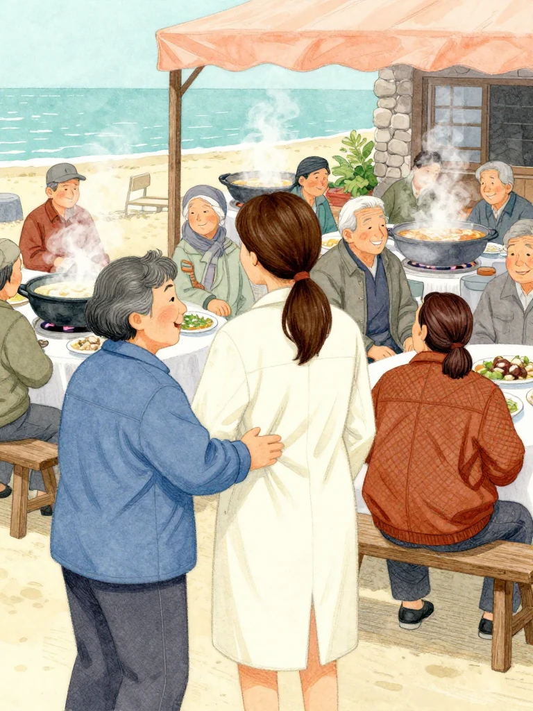 고순단 grips 정다원 gently by the forearm and draws the same person from the end of a crowded feast table toward an open place near the head. 표상만 moves among seated island elders with an easy commercial smile. Warm canopy light glows through steam from soup cauldrons, boiled shellfish, wood benches, and the lively summer courtyard. Setting: 해녀 탈의장·마을회관.