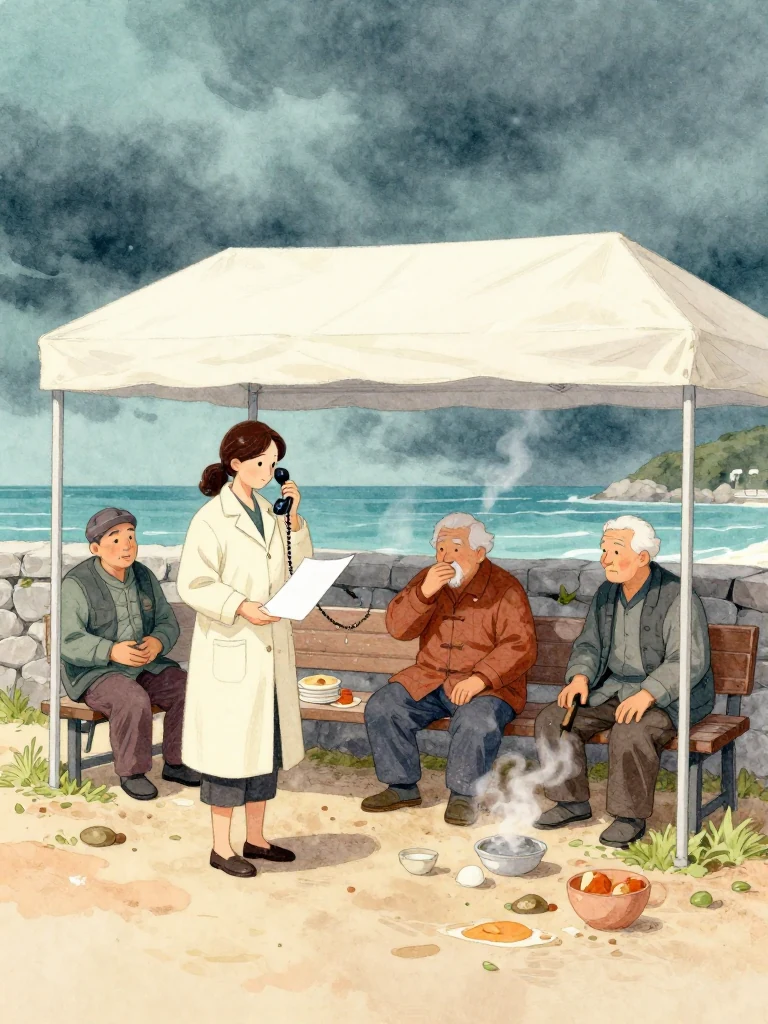 정다원 stands beneath the feast canopy with a corded receiver held close, gaze shifting from a face-down plain sheet to three elderly islanders resting on nearby benches. One grips the stomach, another touches the mouth, and the third lets a bowl slip toward the ground. Steam, storm-dark sky, and abandoned food sharpen the uncertain triage. Setting: 해녀 탈의장·마을회관.