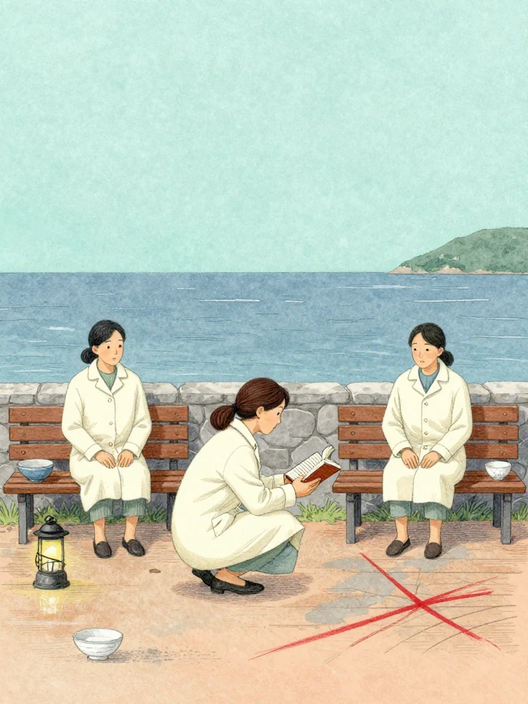 정다원 crouches between three resting islanders with the thread-bound volume spread across one knee, then fixes attention on the third person's sagging right arm. The other two remain alert on adjacent benches with steady faces and balanced hands. Lantern light crosses half-finished bowls, damp courtyard boards, and one red stroke within the gray textured spread as the shared explanation begins to fracture. Setting: 해녀 탈의장·마을회관. Visible objects: 섬 처방 노트.